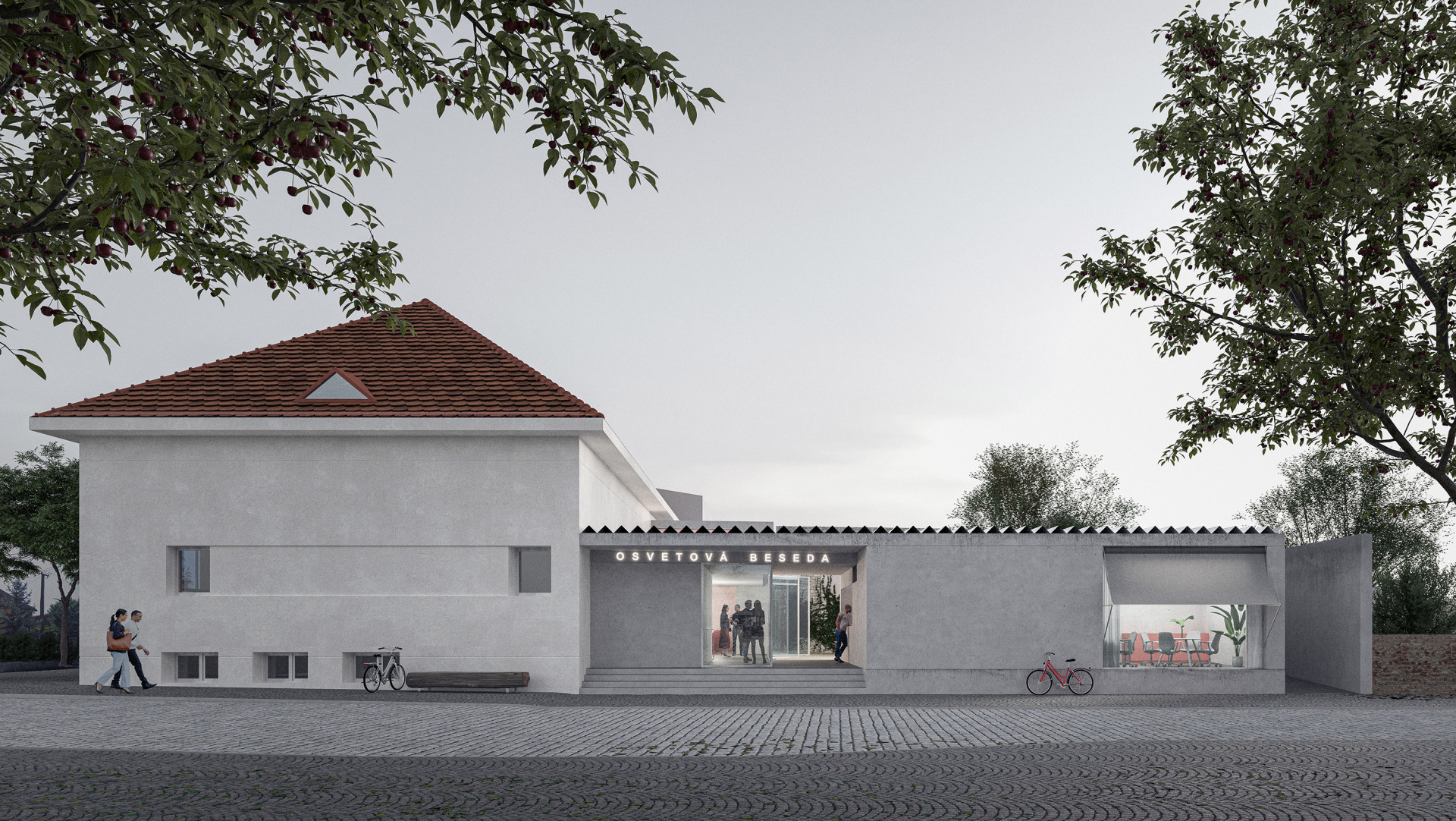 Vítězný návrh na revitalizaci kulturního centra Osvětová Beseda ve slovenské obci Ivanka pri Dunaji od studia AOSI