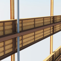 Vizualizace - konstrukční řešení fasády - pohled z vnitřní strany: montáž pohledových cortenových plechů Ruukki