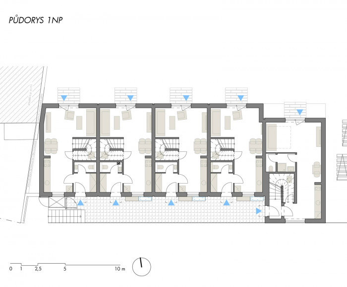 Sociální byty obce Bílovice nad Svitavou, ČTYŘSTĚN architekti / Milan Joja, Karel Kubza, Tomáš Págo, půdorys 1NP