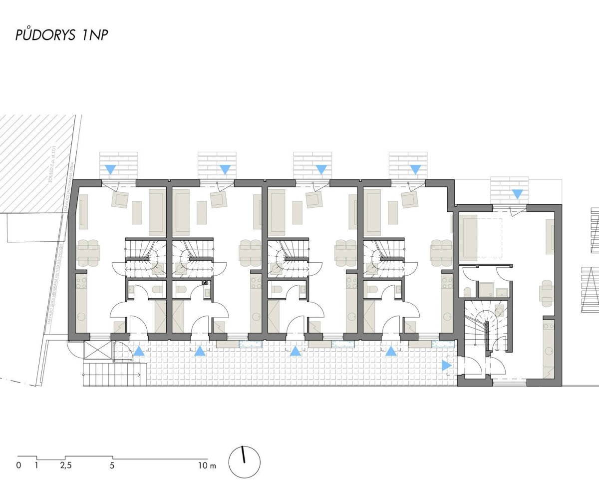 Sociální byty obce Bílovice nad Svitavou, ČTYŘSTĚN architekti / Milan Joja, Karel Kubza, Tomáš Págo, půdorys 1NP