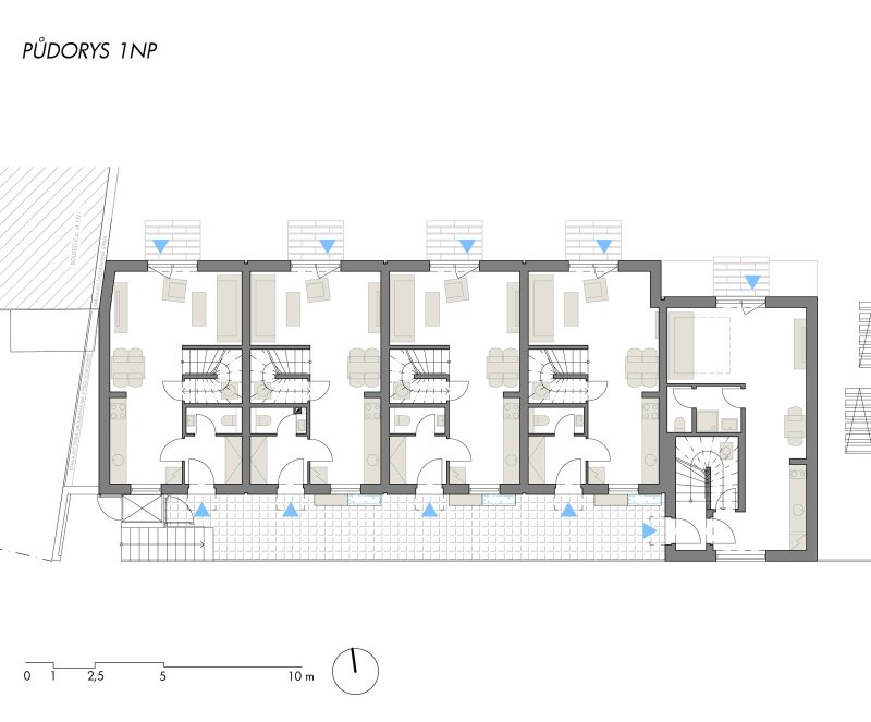 Sociální byty obce Bílovice nad Svitavou, ČTYŘSTĚN architekti / Milan Joja, Karel Kubza, Tomáš Págo, půdorys 1NP