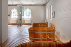 Pohled do expozice ve Vodoléčebném ústavu (Sluneční lázně v Luhačovicích, TRANSAT architekti)