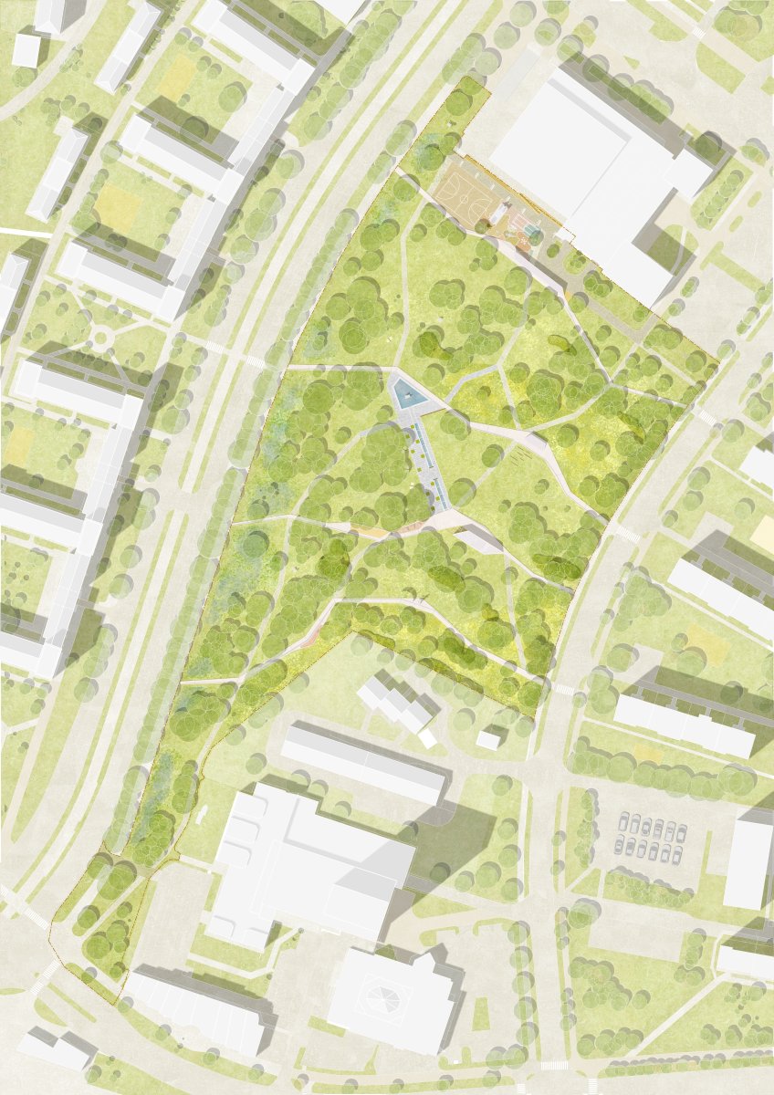 Situace (Park Střed v Mostě, Rehwaldt Landscape Architects + Atelier Hoffman)