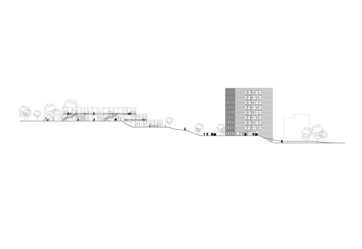 MDH Arkitekter SA, Masu planning, dřevěné věže Moholt 50|50, krajinný řez se školkou, výkres
