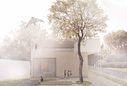 Pohled na nový pavilon s multifunkčním sálem z Trojské ulice, Petr Průša, Michaela Horáková, Sasha Derkach, Dmytro Matviishyn.