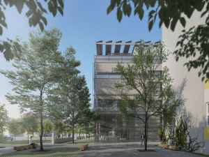 Vizualizace dostavby 3. lékařské fakulty UK. Soutěž vyhrálo studio Ehl & Koumar Architekti, na návrhu se podílel také Miroslav Pazdera.