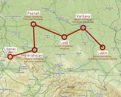 Mapa s trasou studijní cesty po školách architektury v Polsku – foto