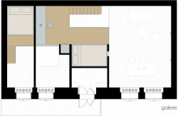 Rekonstrukce činžovního bytu s pavlačí, půdorys galerie, No Architects