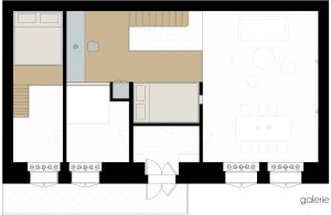 Rekonstrukce činžovního bytu s pavlačí, půdorys galerie, No Architects