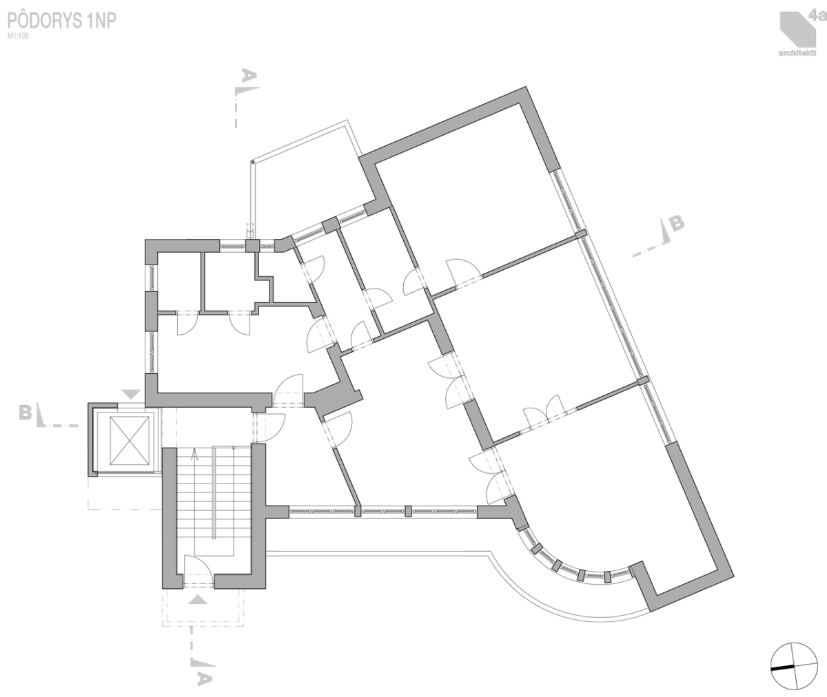 4a architekti, Vila Engel, půdorys 1. NP – foto