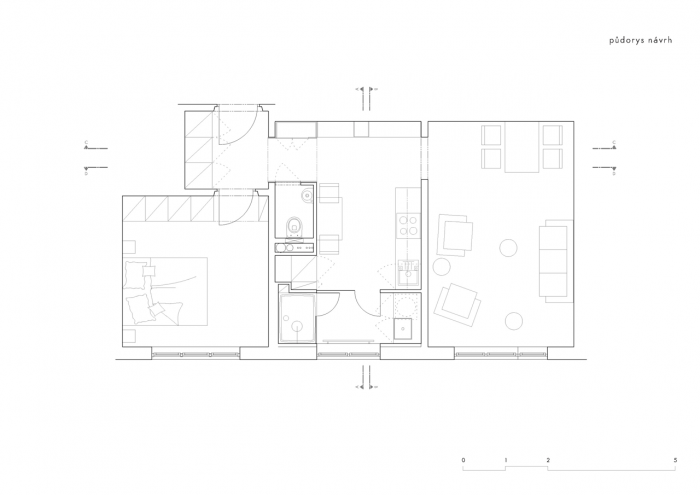 henkai architekti, Byt pro svobodného mládence, půdorys nový – foto