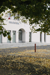 Hlavní vstup zvýrazňuje oblouk. Je tady taky nápis obecní dům a držáky na vlajky – to by měla mít ostatně každá budova s touto funkcí, je to otázka reprezentace. - Obecní dům v Dřísech, BY architects