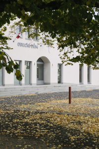 Hlavní vstup zvýrazňuje oblouk. Je tady taky nápis obecní dům a držáky na vlajky – to by měla mít ostatně každá budova s touto funkcí, je to otázka reprezentace. - Obecní dům v Dřísech, BY architects