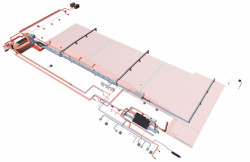 Prostorové zobrazení profesí vzduchotechniky, vytápění a chlazení u prodejny smíšeného zboží potravinového řetězce vytvořené v TZB modeláři.