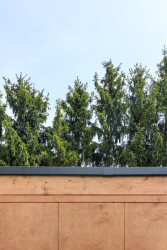 Konstrukčně se jedná se o dřevěný skelet, který přiznává svoji tektoniku. (Sauna, Adam Lukačovič)