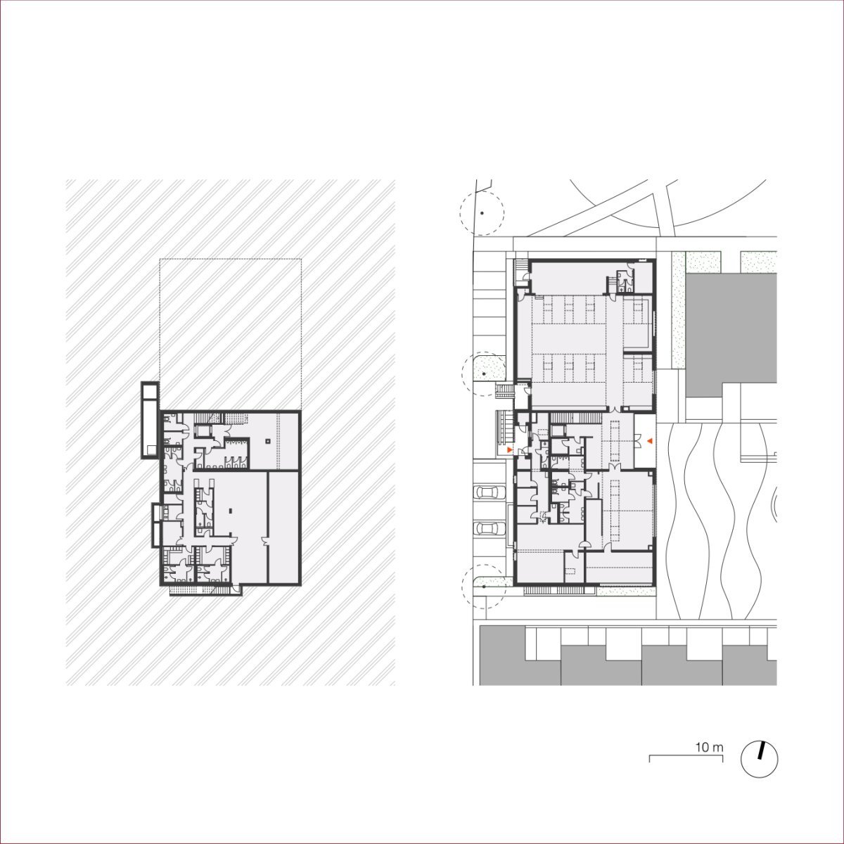Sokolovna - půdorys 1. PP a 1. NP (Obytný soubor Dolina v Lysolajích, knesl kynčl architekti)