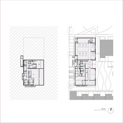 Sokolovna - půdorys 1. PP a 1. NP (Obytný soubor Dolina v Lysolajích, knesl kynčl architekti)