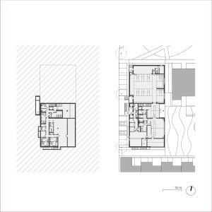 Sokolovna - půdorys 1. PP a 1. NP (Obytný soubor Dolina v Lysolajích, knesl kynčl architekti)