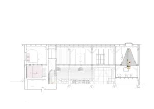 Thomas Kröger Architekten, rekonstrukce stodoly ve Fergitz, podélný řez, výkres