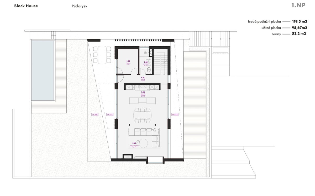 1. NP terasou s bazénem (Block House v Šáreckém údolí v Praze; Studio MA)