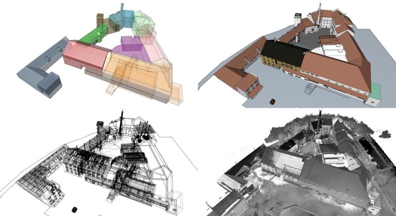 Různé interpretace modelu areálu Žateckého pivovaru (zleva doprava od shora dolů): Zjednodušený hmotový model vytvořený zónami, 3D/BIM model s vyšší podrobností detailu, drátěný čárový 3D model, PointCloud – do jednoho modelu sesazená mračna bodů všech dílčích skenů