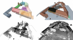 Různé interpretace modelu areálu Žateckého pivovaru (zleva doprava od shora dolů): Zjednodušený hmotový model vytvořený zónami, 3D/BIM model s&nbsp;vyšší podrobností detailu, drátěný čárový 3D model, PointCloud – do jednoho modelu sesazená mračna bodů všech dílčích skenů