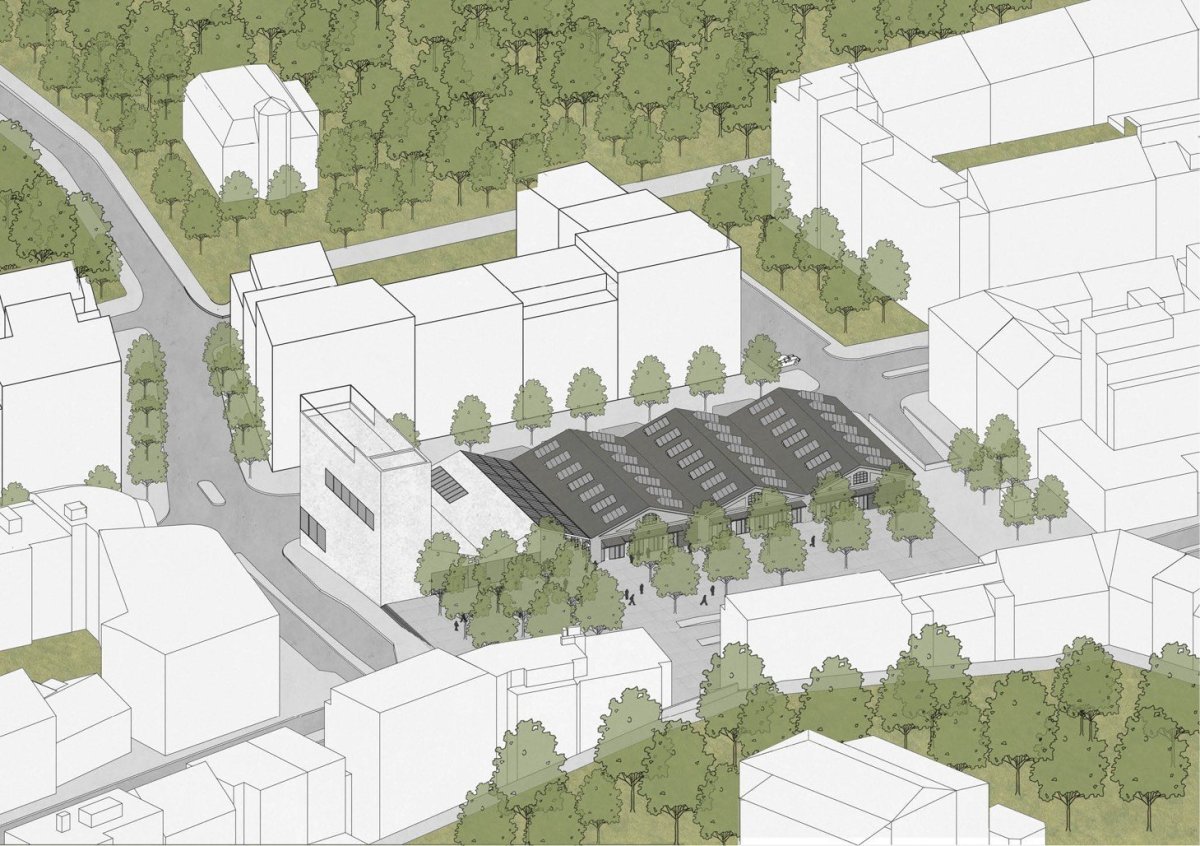 Subcentrum Klamovka - Nové lokální centrum v Plzeňské ulici, axonometrie, Klára Jeníková