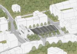 Subcentrum Klamovka - Nové lokální centrum v Plzeňské ulici, axonometrie, Klára Jeníková