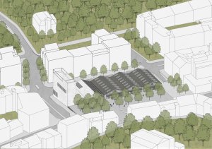 Subcentrum Klamovka - Nové lokální centrum v Plzeňské ulici, axonometrie, Klára Jeníková
