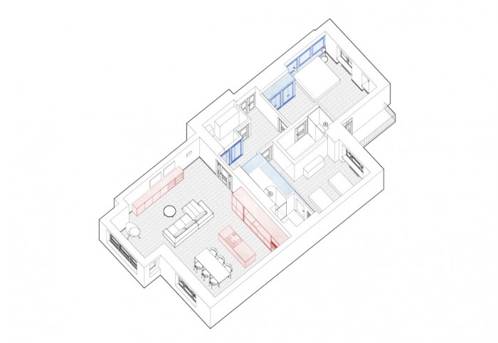 Byt s tajnou koupelnou, Markéta Bromová, Lenka Míková, axonometrie