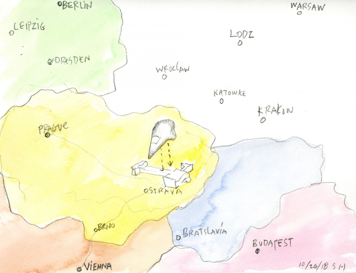 Kresba Stevena Holla k návrhu koncertní síně v Ostravě.
