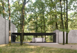 Vítězný návrh Památníku holokaustu Romů a Sintů v Letech od studia Terra Florida a Atelieru Světlík. Návštěvnické centrum a výstavní hala s portikem.