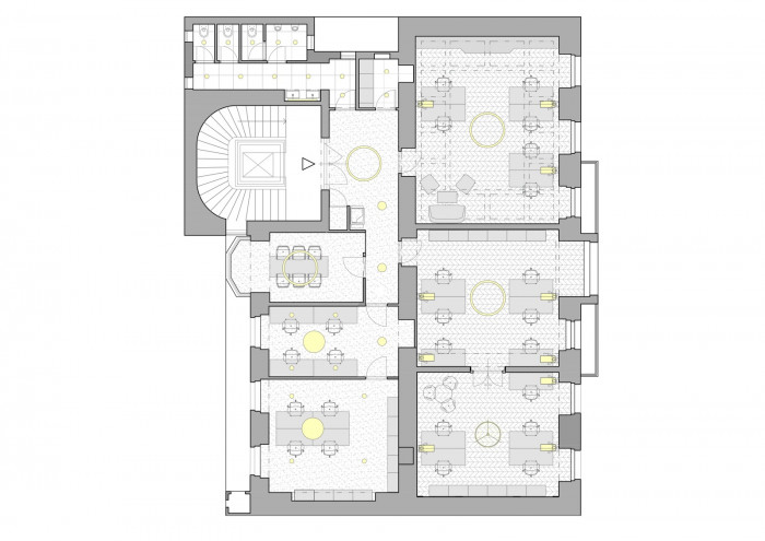 Rekonstrukce bytu továrníka na současné kanceláře, půdorys, barbora léblová interiors & architecture