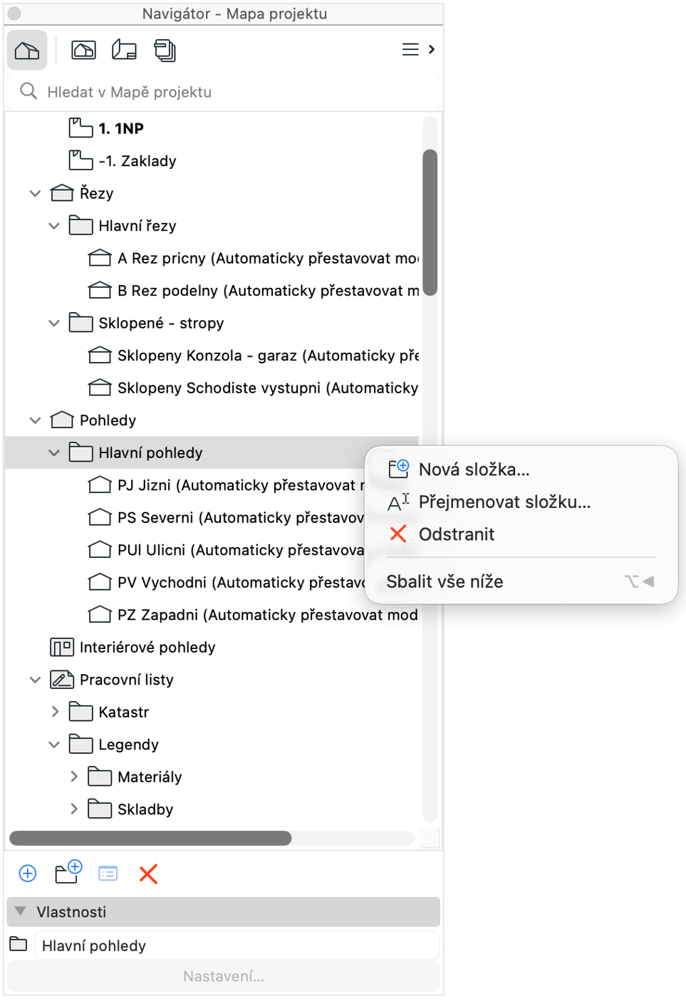 Vlastní složky pro zdrojová zobrazení v Mapě projektu