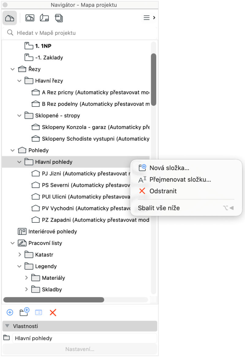 Vlastní složky pro zdrojová zobrazení v Mapě projektu