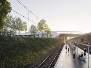 Návrh terminálu vysokorychlostní železnice v Pávově na okraji Jihlavy. Česko-francouzský tým monom a AREP ARCHITECTS zvítězili v architektonické soutěži.