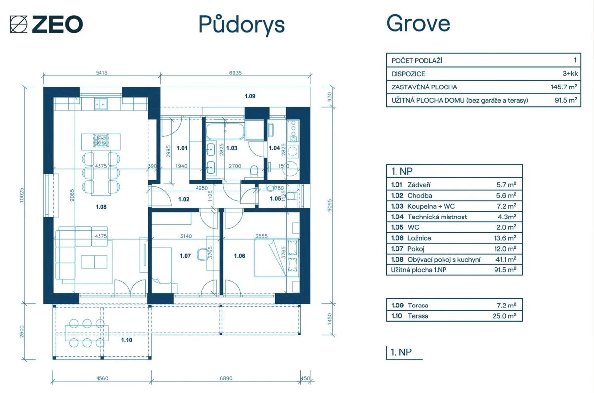Půdorys (Pasivní bungalov Grove od ZEO Homes)