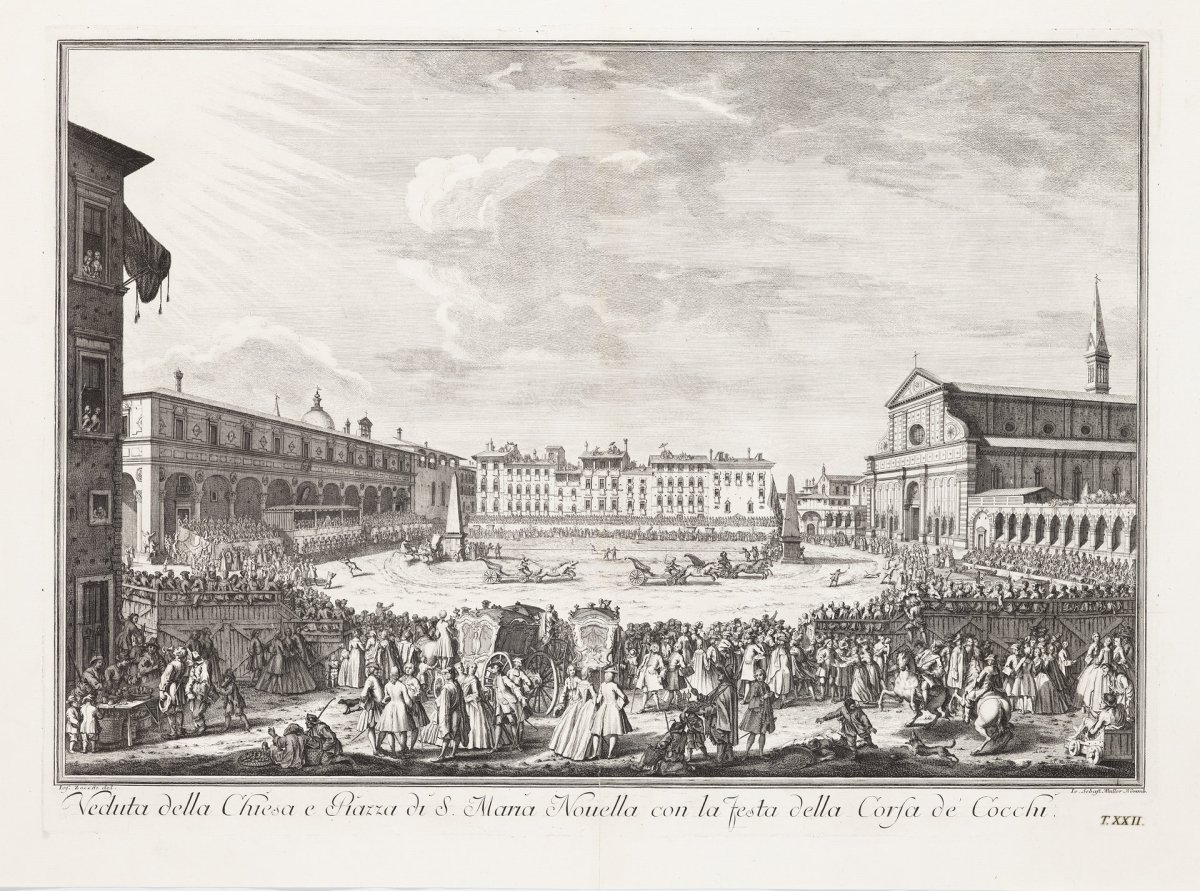 Johann Sebastian Müller podle Giuseppe Zocchiho, Pohled na kostel a náměstí Santa Maria Novella při závodu kočárů během svátku sv. Jana Křtitele, 1744, lept z cyklu Scelta di XXIV vedute [...] della citta di Firenze.