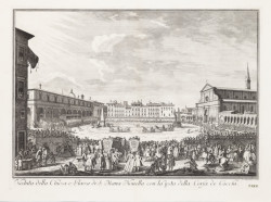 Johann Sebastian Müller podle Giuseppe Zocchiho, Pohled na kostel a náměstí Santa Maria Novella při závodu kočárů během svátku sv. Jana Křtitele, 1744, lept z cyklu Scelta di XXIV vedute [...] della citta di Firenze.