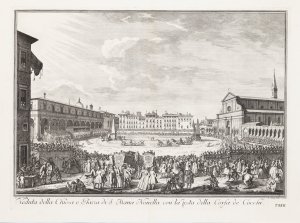 Johann Sebastian Müller podle Giuseppe Zocchiho, Pohled na kostel a náměstí Santa Maria Novella při závodu kočárů během svátku sv. Jana Křtitele, 1744, lept z cyklu Scelta di XXIV vedute [...] della citta di Firenze.