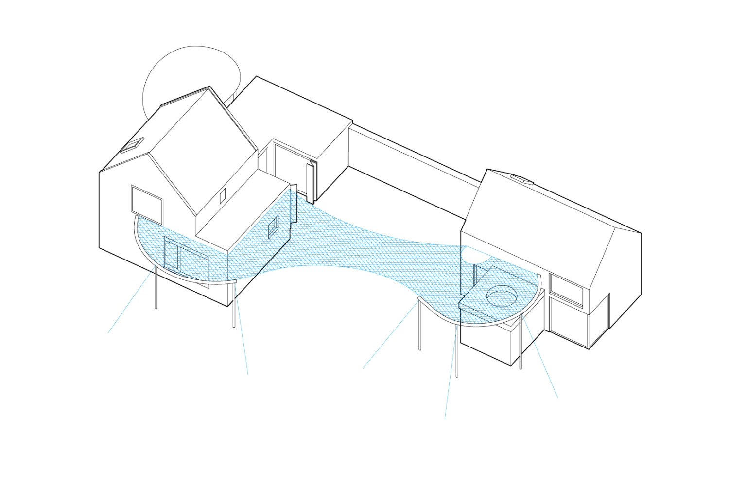 Domy v mlze, axonometrie domů propojených konstrukcí mlhy, studio Raketoplán
