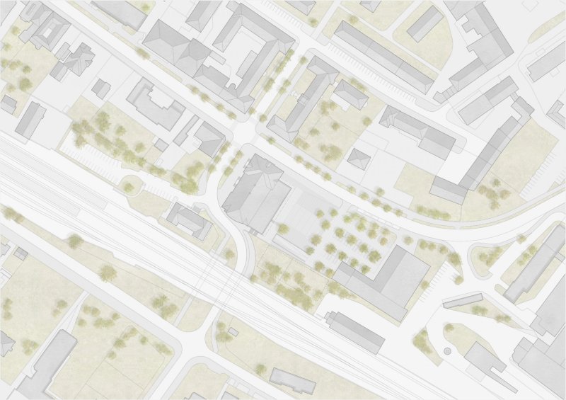 Revitalizace areálu Sokolovny v Rokycanech, Rusina Frei architekti / Martin Rusina, Martin Frei, Gabriela Sládečková, situace