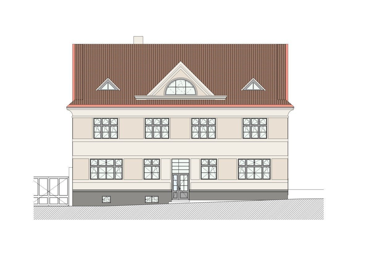 Rekonstrukce fasád Městského úřadu Odolena Voda, západní pohled, Grulich architekti