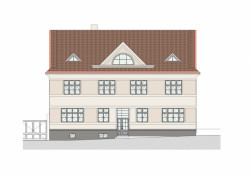 Rekonstrukce fasád Městského úřadu Odolena Voda, západní pohled, Grulich architekti