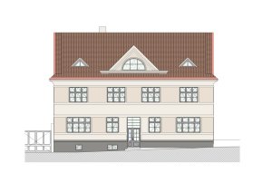 Rekonstrukce fasád Městského úřadu Odolena Voda, západní pohled, Grulich architekti