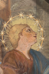 Barokní fresky F. J. Luxe se skrývaly pod novější přemalbou - detail před restaurací (Fresky v kostele Narození Panny Marie v Domažlicích restaurovali Jiří Suchan a David Hrabálek)