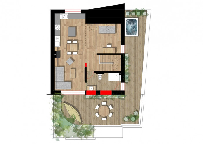 Interiér mezonetového bytu, půdorys 2. patra, studio AEIOU