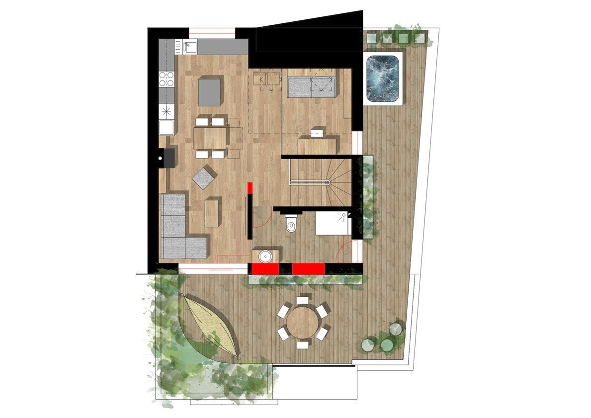 Interiér mezonetového bytu, půdorys 2. patra, studio AEIOU