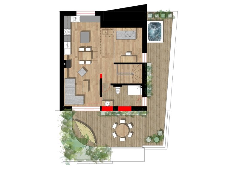 Interiér mezonetového bytu, půdorys 2. patra, studio AEIOU