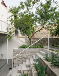 Na terasách z betonu rostou rostliny, dál pokračuje trávník. (Dům v Kutné Hoře, BYRÓ architekti)